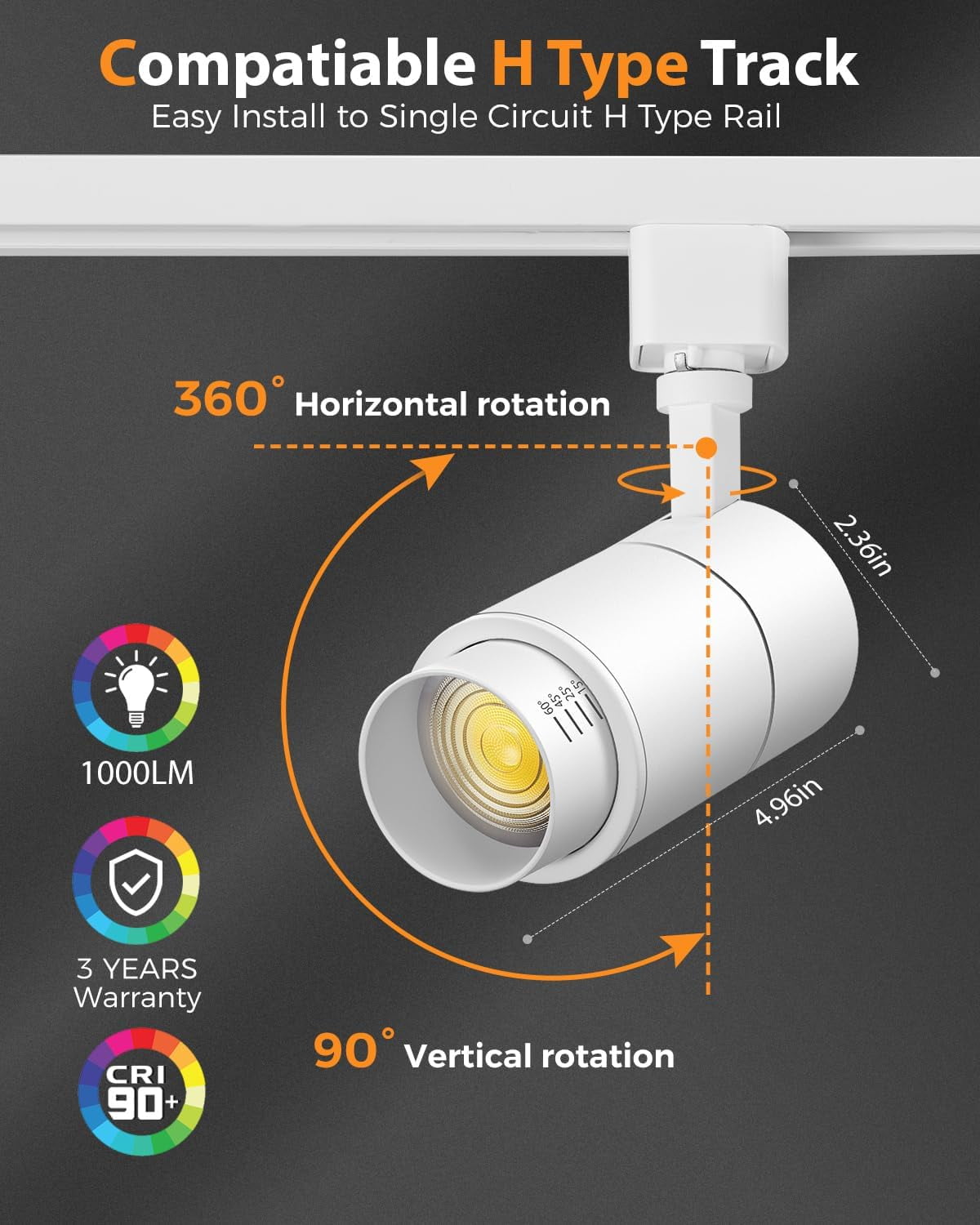 VANoopee 3-Color Zoomable 10W LED Track Lighting Heads H Type Track Light Heads Dimmable Bright Ceiling Spotlight Fixtures Accent Art, 3000K 4000K 5000K Adjustable, CRI90+ 15°-60° 1000lm White 4 Pack