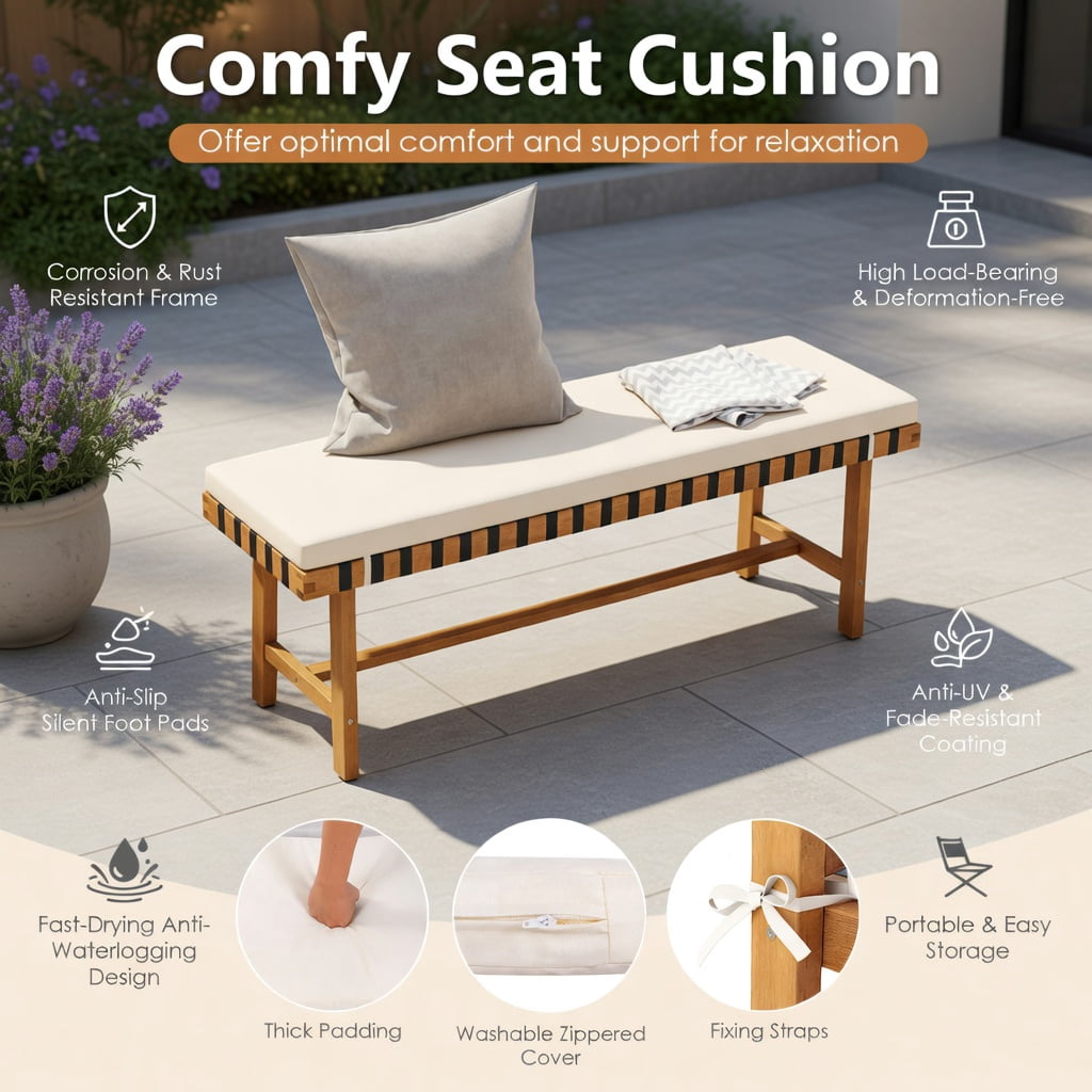 Hommoo 48" Acacia Wood Outdoor Bench with Removable Thick Cushion, Wood & Off-White Fabric, Woven Rope Seat, Heavy-Duty H-Frame, Natural