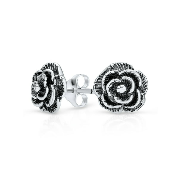 Garden Black Rose Flower Stud Earrings for Women Antiqued Oxidized 925  Sterling Silver 8MM