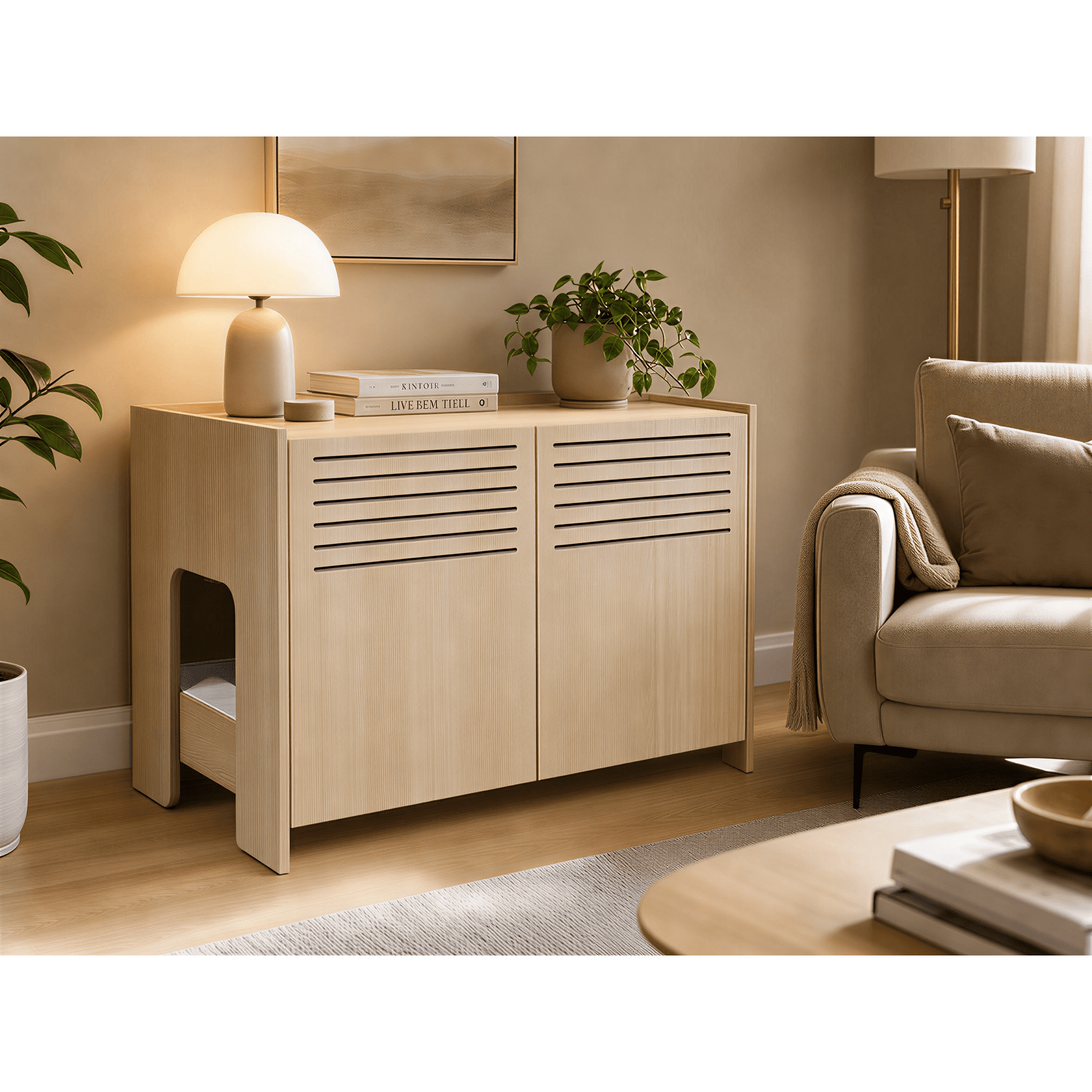 Modern Wooden Cat House with Scratching Pad – Hidden Cat Litter Box Enclosure Furniture with Spacious Interior & Minimalist Wood Finish