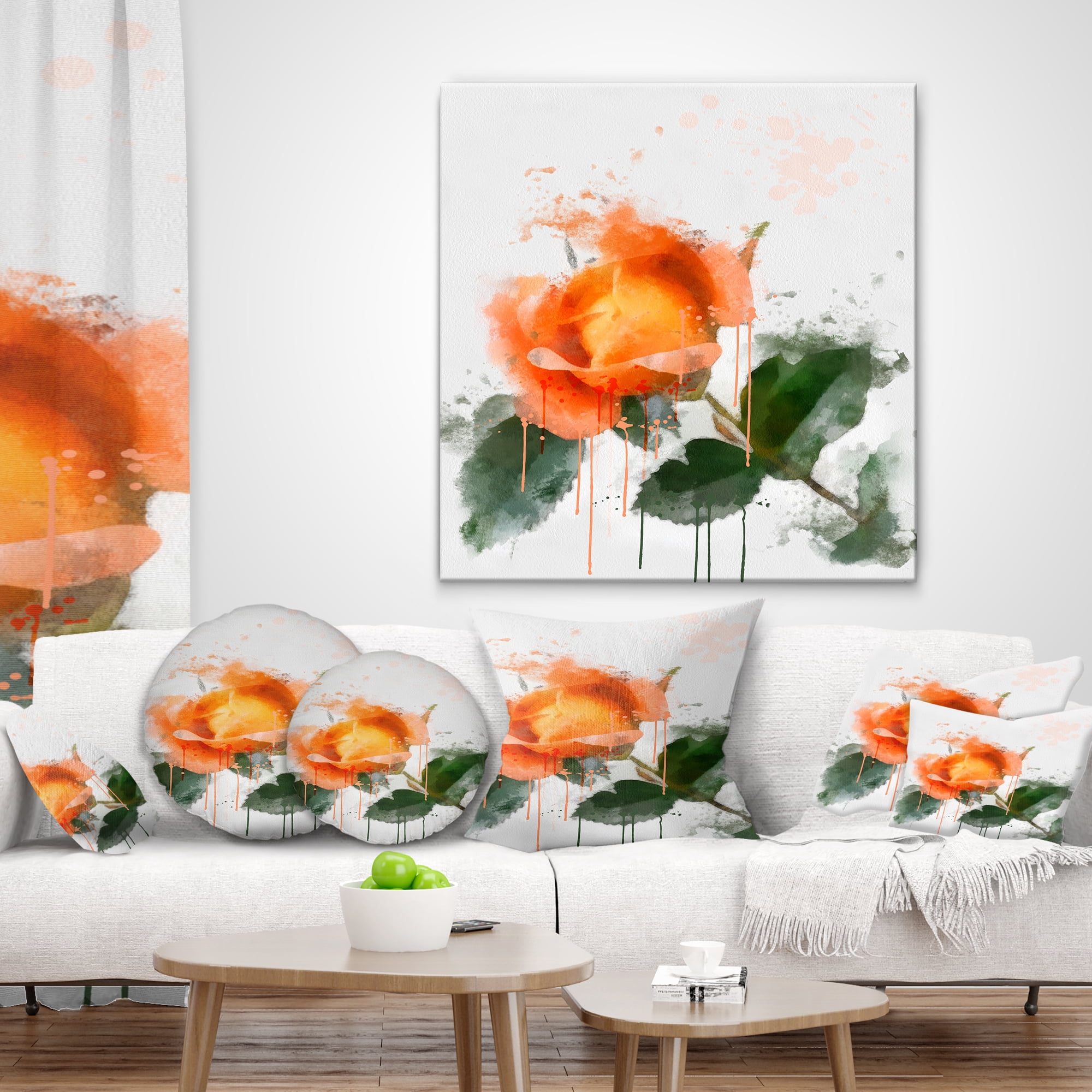 Designart Orange Rose Sketch Watercolor - Floral Throw Pillow - 18x18