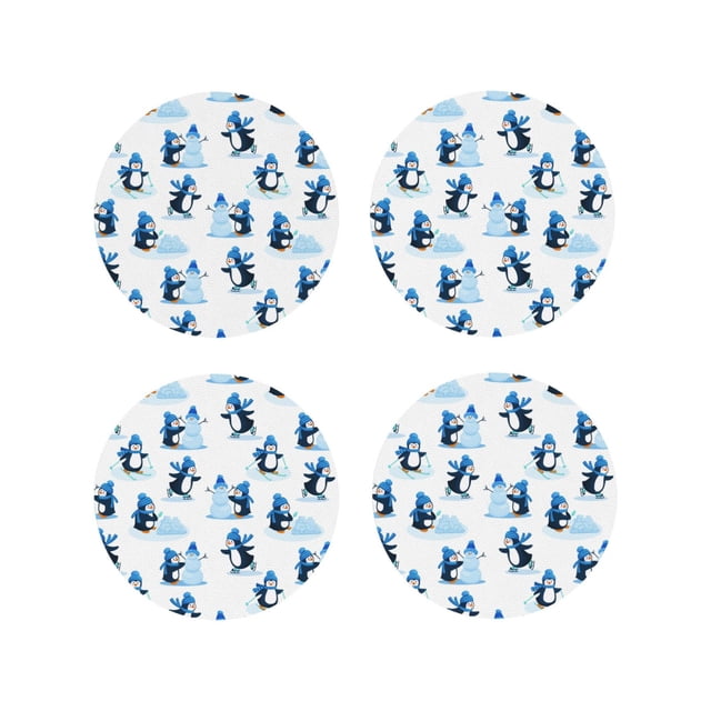 Vsdgher Penguin Winter Fun Print Leather Coasters for Drinks, Durable Drink Coasters 4 Set for Tabletop Protection, Luxurious Home Décor and Housewarming Gift-Round Shape