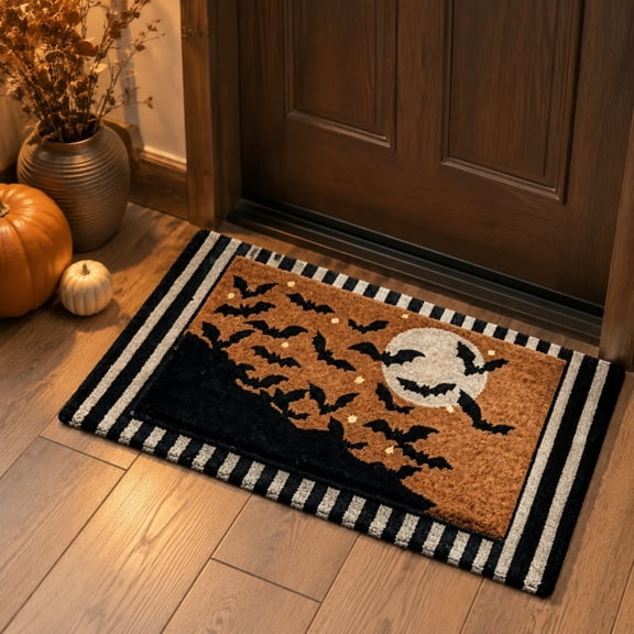 Halloween Doormat Black White Striped Border, Non-Slip Absorbent Welcome Mat with Ghost Bats, Indoor Outdoor Front Door Rug for Porch Entryway Fall Decor