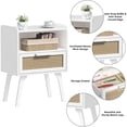 thumbnail image 4 of LELELINKY 2pc Rattan Nightstand with Charging Station, Boho Bedside Table with Drawer and Open Shelf, Solid Wood Legs, White New, 4 of 7