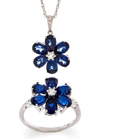 6.96 Carat T.G.W. Pear-Shaped Created Sapphire and 6.96 Carat T.G.W. Created White Sapphire with Diamond Accent Pendant and Ring Set in Sterling Silver