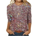 thumbnail image 2 of DDAPJ pyju 2025 Fashion Tops for Women 2025 3/4 Sleeve Sequin Print Crew Neck T-Shirts Holiday Party Glitter Blouse Shirts Pink XXXXL, 2 of 5