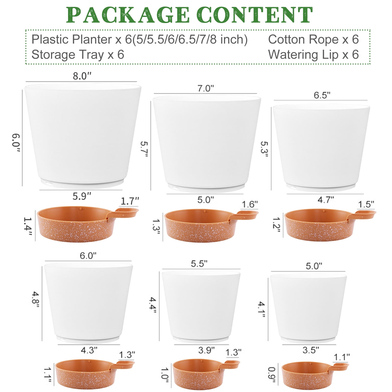 Remiawy Self Watering Plant Pots with Drainage Hole, 8/7/6.5/6/5.5/5 Inch Self Watering Planters for Indoor Outdoor Plants , White Plastic Flower Pots 6 Packs