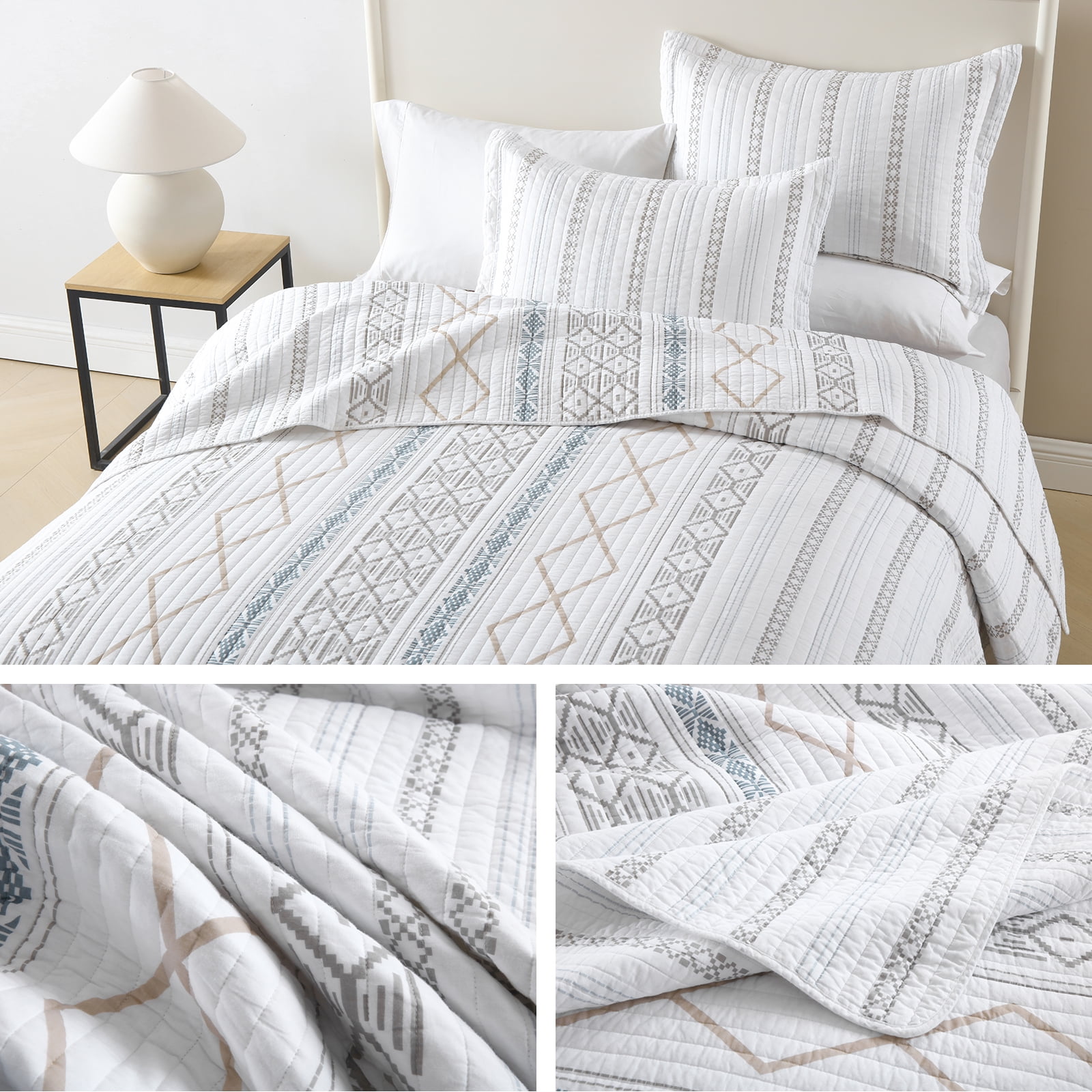 SahSahCasa Boho Quilts Queen Size, 100% Cotton Queen Comforter Set for Bed, Bohemian Geometric Striped Quilted Bedspread, White Quilt Bedding Set All Season, 3 Pieces