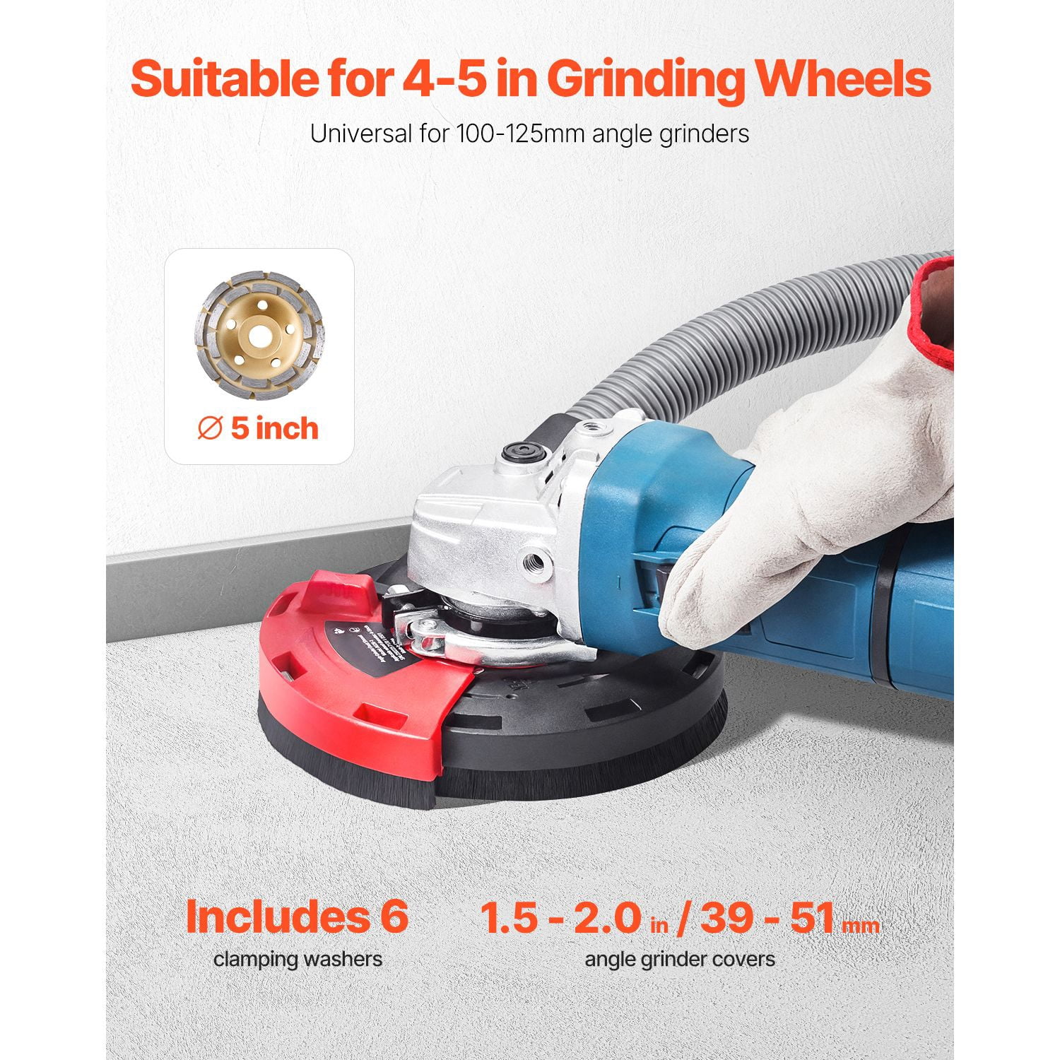 Universal 4-5 inch angle grinder dust cover, including 5-inch stone grinding cup wheel and 6 washers, can be connected to a wooden concrete vacuum cleaner