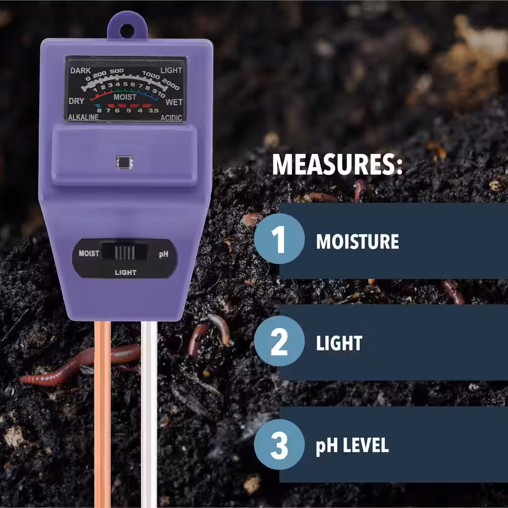 Worm Nerd 8 in. Purple 3-in-1 Meter for Measuring Moisture, Light and pH in Compost and Garden Soil