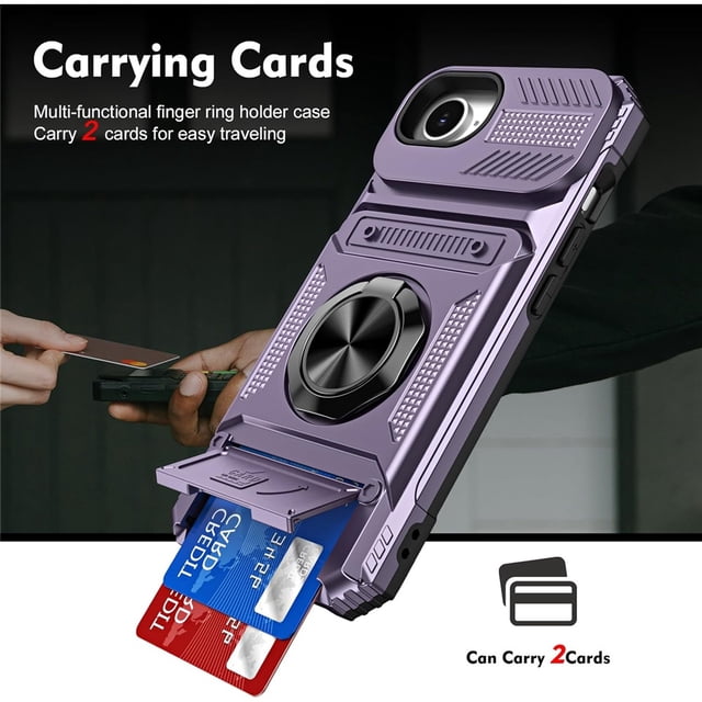 For Apple iPhone 17e/16e Phone Case with Finger Ring Holder Kickstand, Card Slots,Heavy Duty Shockproof Rugged Protective Working with Magnetic Car Phone Mount,Purple