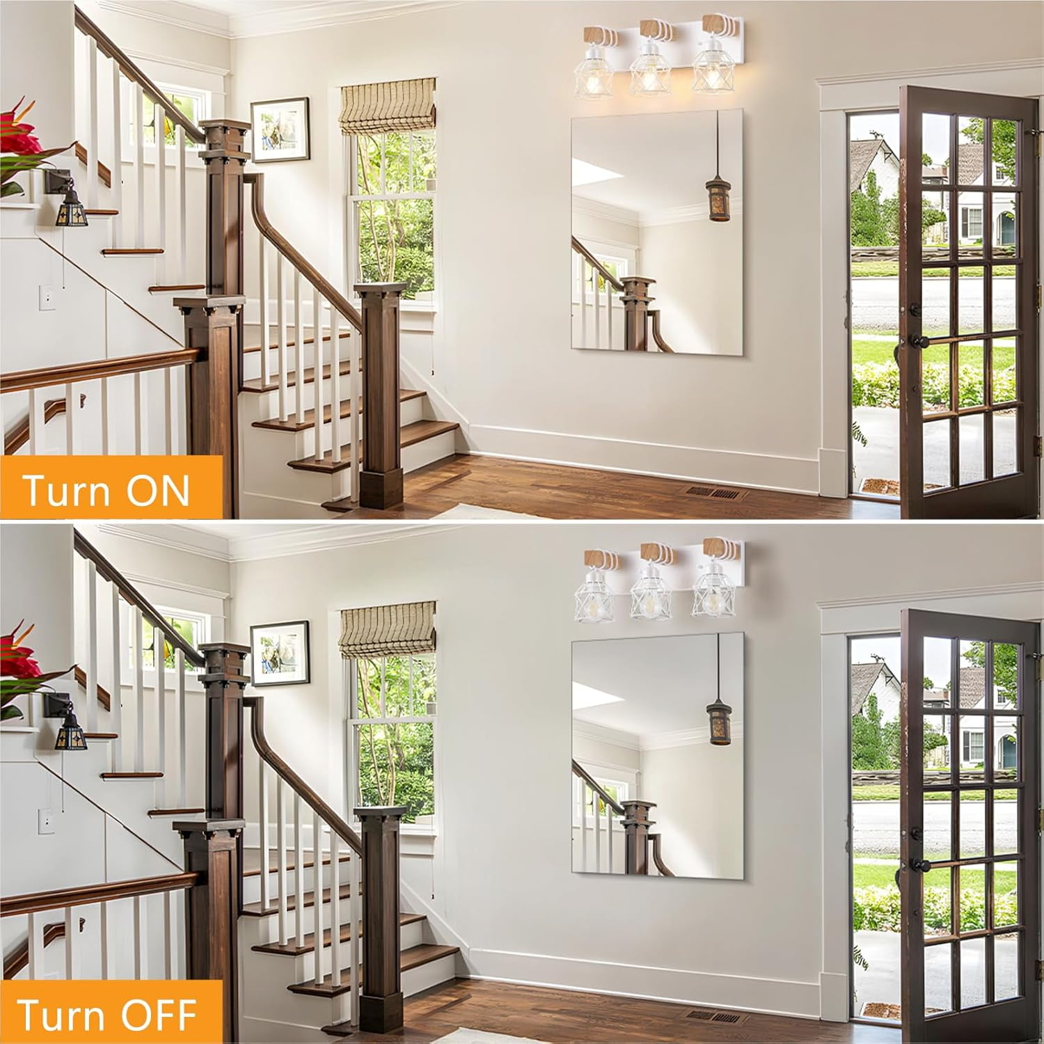 Farmhouse Vanity Light for Bathroom, 3-Light White Wood Bathroom Vanity Light Fixtures Over Mirror, Rustic Sconces Wall Lighting with Metal Lampshade for Living Room, Bedroom, Hallway