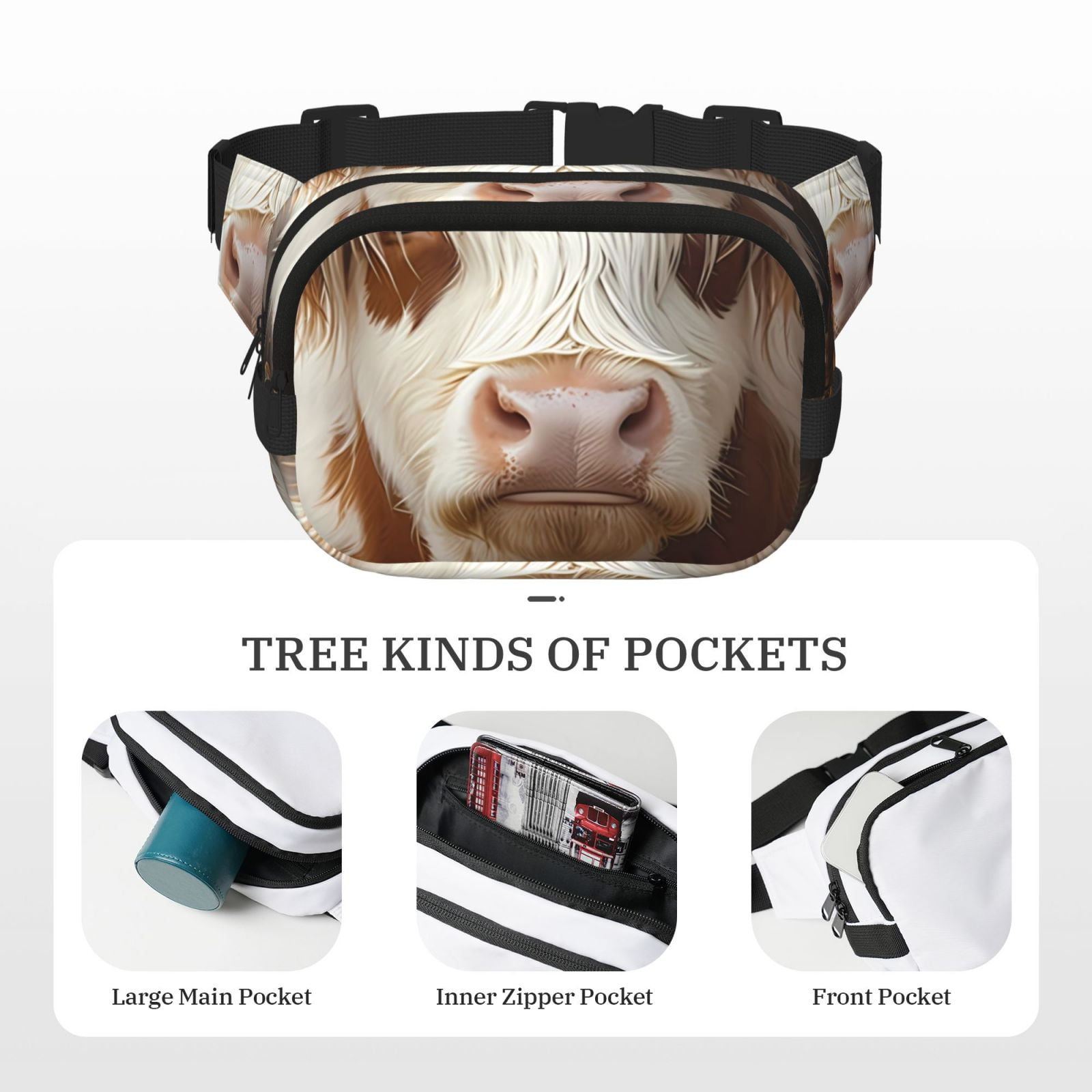 Picia Cow With Butterflies Print Square Double-Layer Waist Bag Mini Adjustable Waist Belt Bag Exercise Running Travel Hiking
