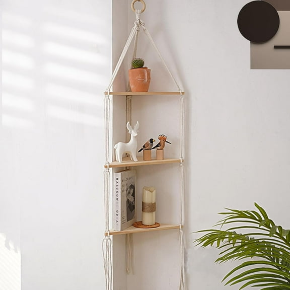 YSTDHL Macrame Hanging Shelf Boho Wall Decor 3 Tier, Handmade Cotton Rope Rustic Wood Floating Shelves,Display Photos Plant Hanging Storage Shelves for Bathroom, Bedroom, Living Room, Nursery