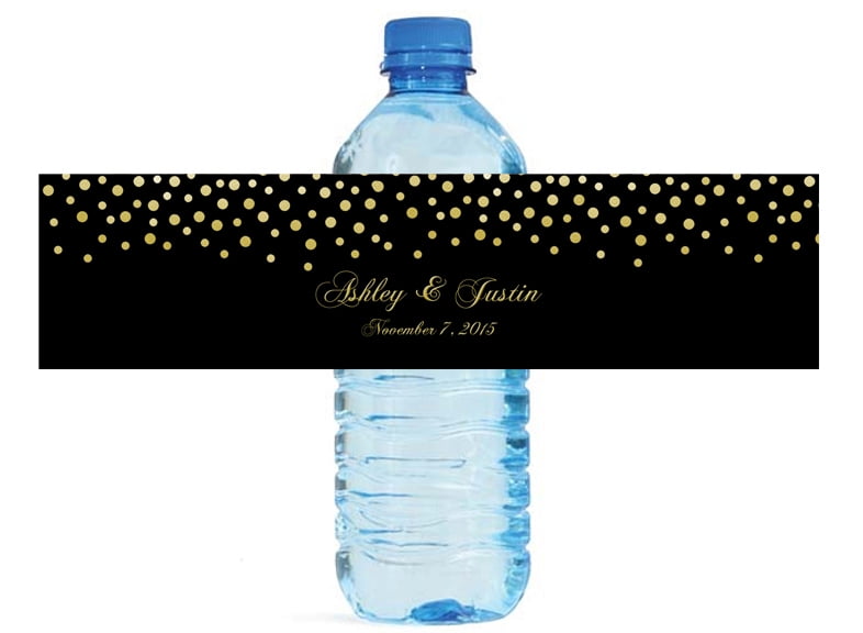 100 Gold Confetti Falling on black background Wedding Anniversary Engagement Party Water Bottle labels Bridal Shower