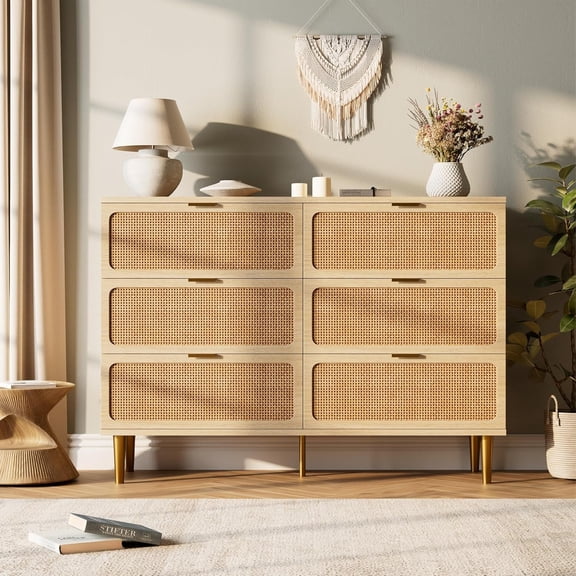 Bohemian Farmhouse Rattan Dresser with 6 Drawers, Metal Handles & Wooden Legs - Versatile Storage Cabinet for Bedroom, Living Room & Hallway