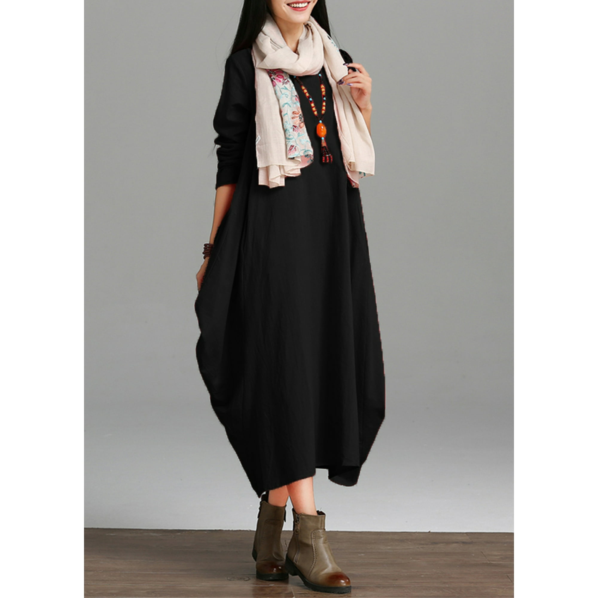 Ethnic Women Dress Solid Cotton Pocket Round Neck 3 4 Sleeve Loose Baggy Vintage Maxi Gown Robe One Piece Walmart Canada