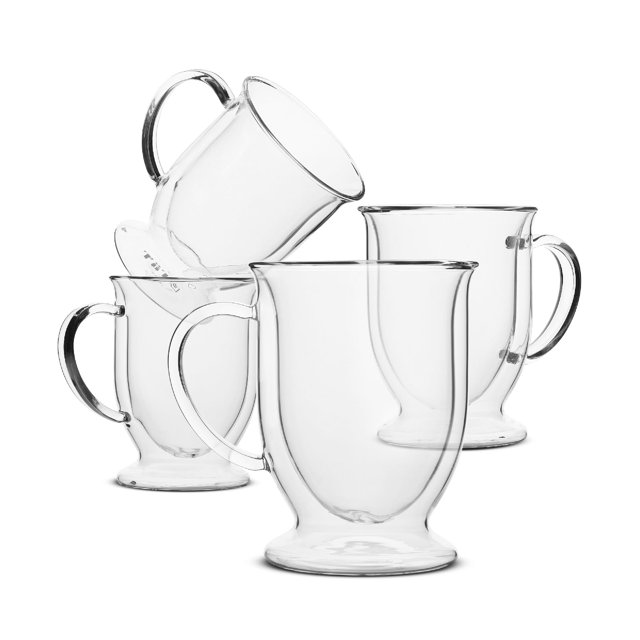 Brew To A Tea- Tazas de café de vidrio de doble pared, 16 oz, juego de 4, con aislamiento transparente, reutilizables, aptas para microondas, lavavajillas, regalo para el día de la madre