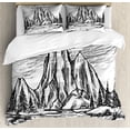 thumbnail image 1 of Mountain Queen Size Duvet Cover Set, Hand Drawn Style View with Forest Pine Trees Lake Landscape Idyllic Sketch, Decorative 3 Piece Bedding Set with 2 Pillow Shams, Black and White, by Ambesonne, 1 of 3