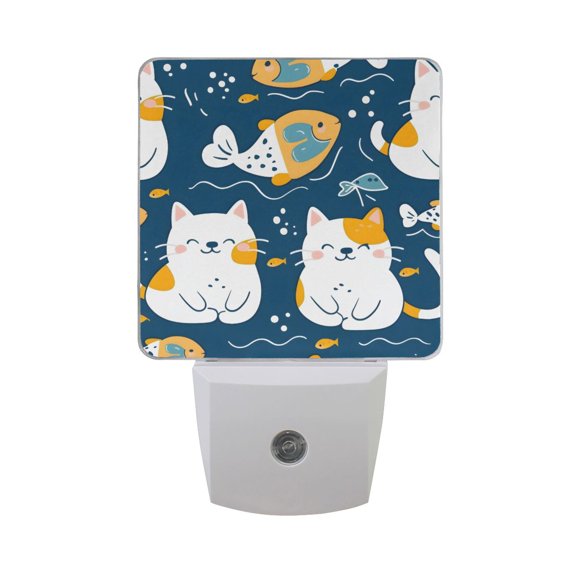 Cute Cat with Fish Night Light 2 Pack LED Nightlight Plug into Wall Dusk to Dawn Sensor Soft White
