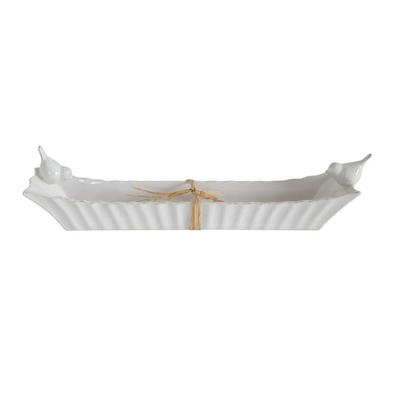 Creative Co-Op Long White Ceramic Cracker Dish with Two Birds