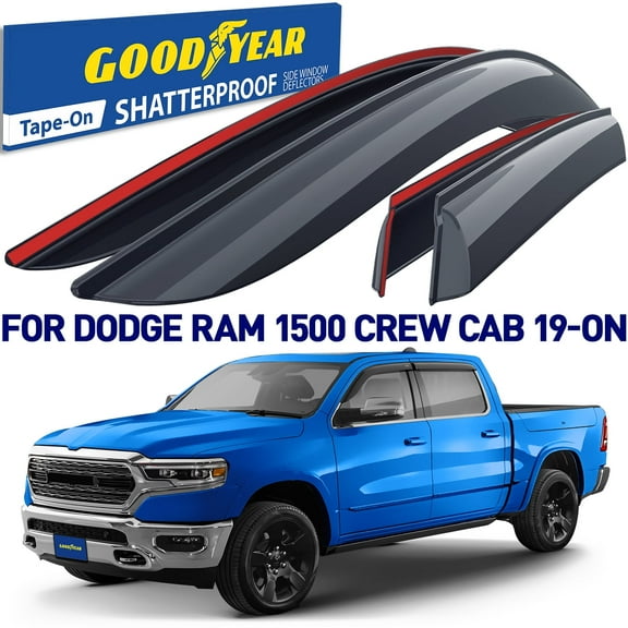 Goodyear Shatterproof Side Window Deflectors for Trucks Dodge RAM 1500 2019-2026 Crew Cab, Tape-on Rain Guards, Window Visors for Cars, Vent Deflector, Vent Visor, Truck Accessories, 4pcs- GY003180LP