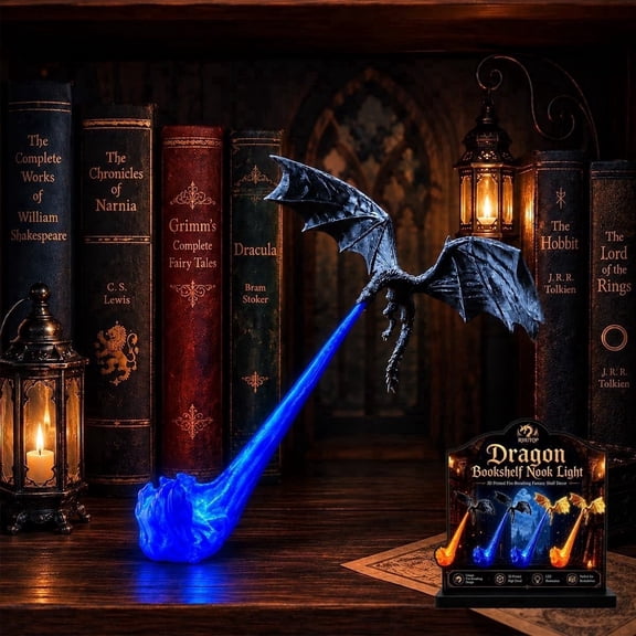 3D Printed Fire-Breathing Fantasy Shelf Decor Light, Dragon Bookshelf Nook Light, Black Flying Dragon Design, Blue Flame, Book Lover Gift, Halloween Shelf Display (Large Size Style 1)