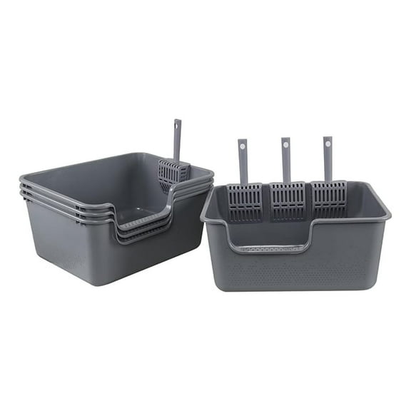 Large Cat Litter Box with High Sides, Open Litter Tray with , 4-Pack, Gray