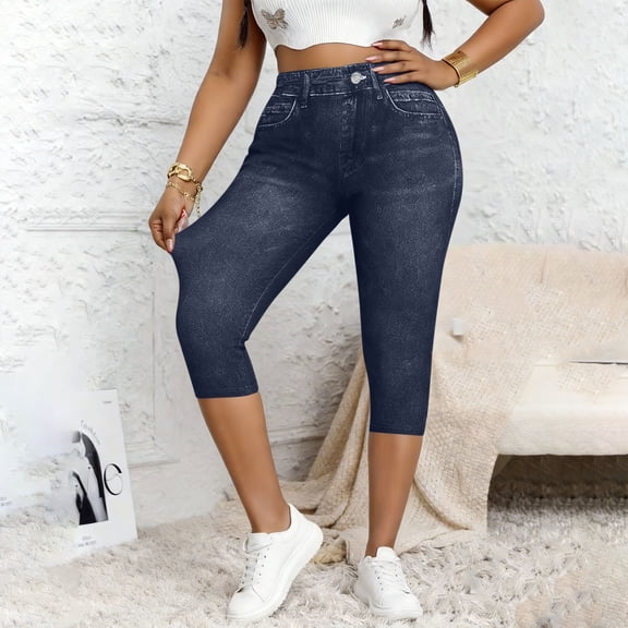 Fnooota Women's Capri Pants, Casual No Pockets Summer Slim Fit Stretchy Faux Denim Capris Blue Size S-2XL