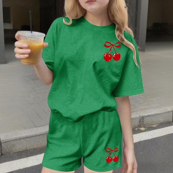 Amidoa Girls 2 Piece Outfits Summer Clothes Short Sleeve Print Soft T Shirts and Casual Shorts Kids Clothing Sets Green Size 7
