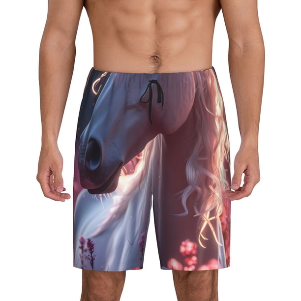 Fotbe Flower White Horse Pantalones Cortos de Pijama para Hombre, Ropa de Dormir, Pantalones de Pijama Cortos para Hombre-4X-Large