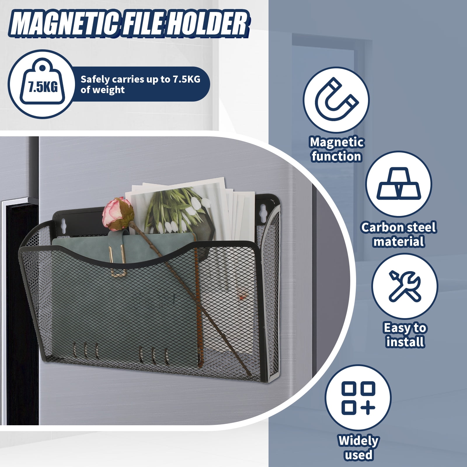 Magnetic File Holder Carbon Steel Magnetic File Organizer No Drilling Magnetic File Folder Holder Large Capacity Paper Holder Multifunctional Mail Organizer for Refrigerator Black