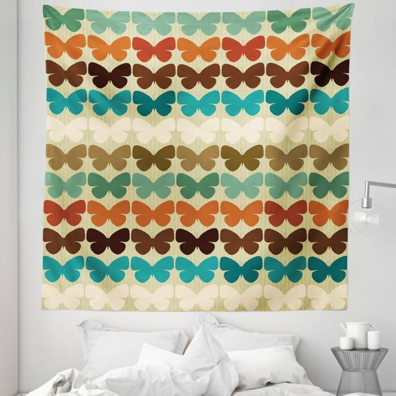Butterfly Tapestry, Retro Style Pattern with Butterfly Silhouettes Group in Various Color Shades, Fabric Wall Hanging Decor for Bedroom Living Room Dorm, 5 Sizes, Multicolor, by Ambesonne