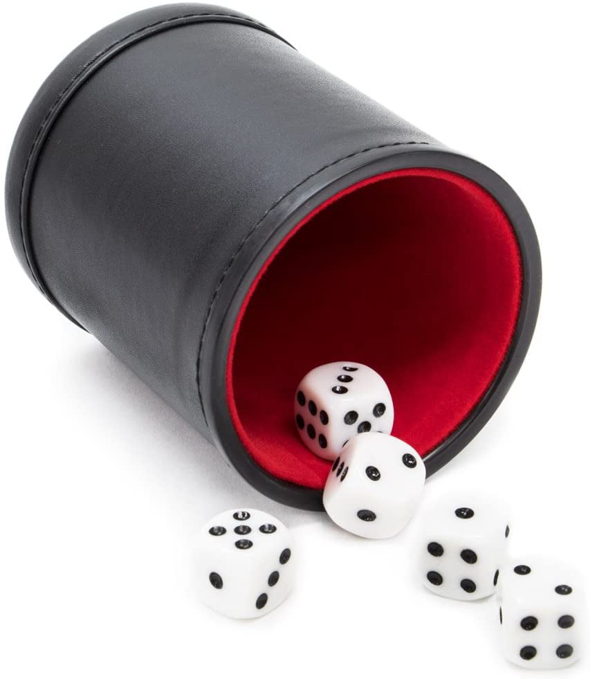 Details about   5 Dice Cups Red Felt-Lined Quality Bicast Leather with 25 White Six-Sided Dice 