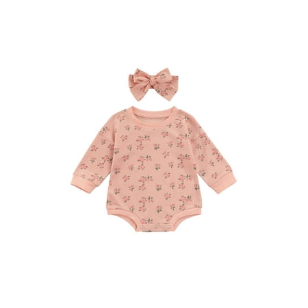 

Qiylii Baby Girl Floral Romper Round Neck Long Sleeve Bodysuit+Headband