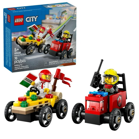 LEGO City Pizza vs. Fire Truck Race Car Pack Toy - Building Toy for Kids, Boys and Girls, Ages 5+ - Gift for Birthdays and Holidays - Includes Chef and Firefighter Minifigures - 60458