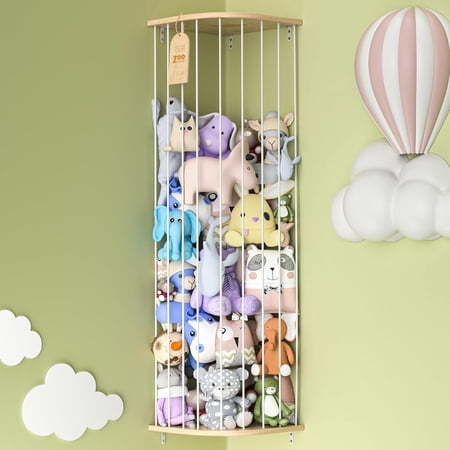 Plush Toy Storage Rack - Large Wooden Corner Hanging Pet Storage Rack with Sky Pattern, Adjustable Length for Nursery, Playroom, Bedroom, Kids Room