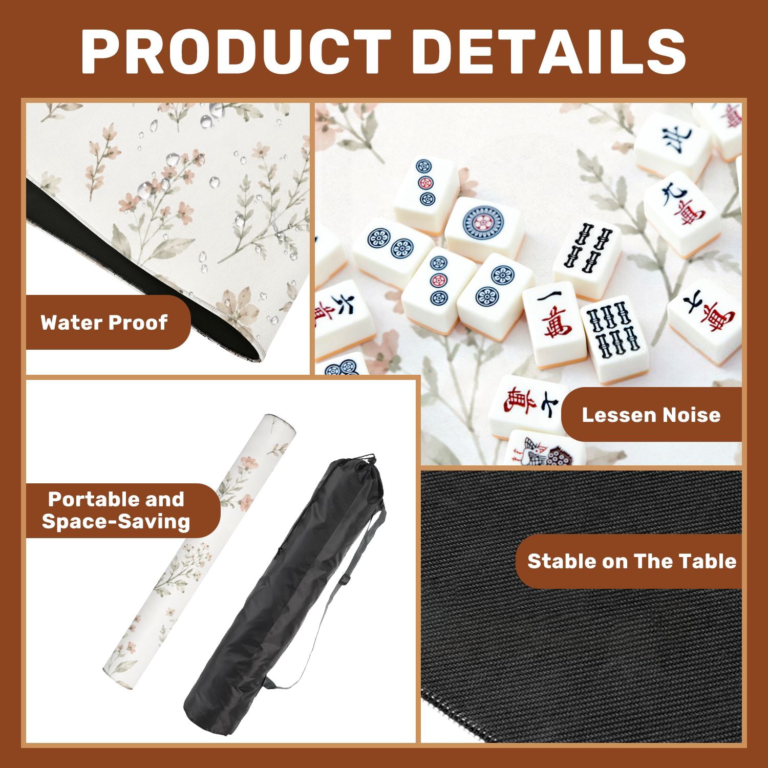 Mahjong Mat 31.5" x 31.5" Delicate Blush Pink Wildflower Botanical Soft Watercolor Style Non-Slip Noise Reduction American Mahjong Tiles Table Cover for Dominoes Poker Card Board Games Gift