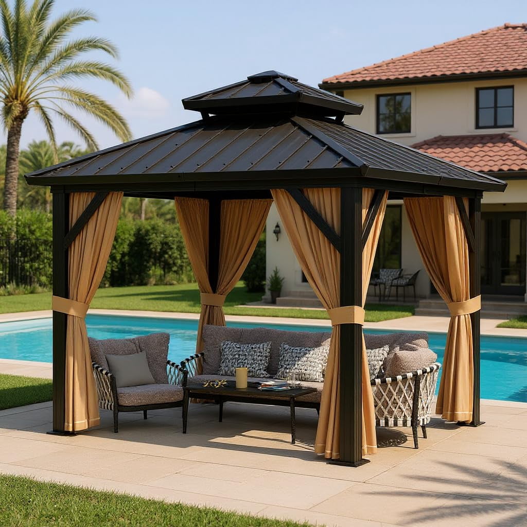 COZONY 10*10ft Hardtop Gazebo, Double Galvanized Steel Roof with Netting & Curtains, Aluminum Frame Pavilion for Patio Terrace Lawn,Black