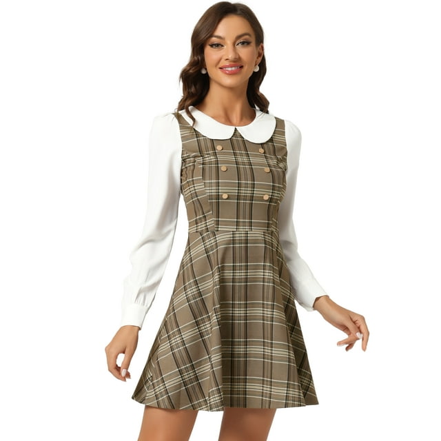 Vestido a cuadros con botones de color En contraste y cuello de muñeca Allegra K Marrón XL