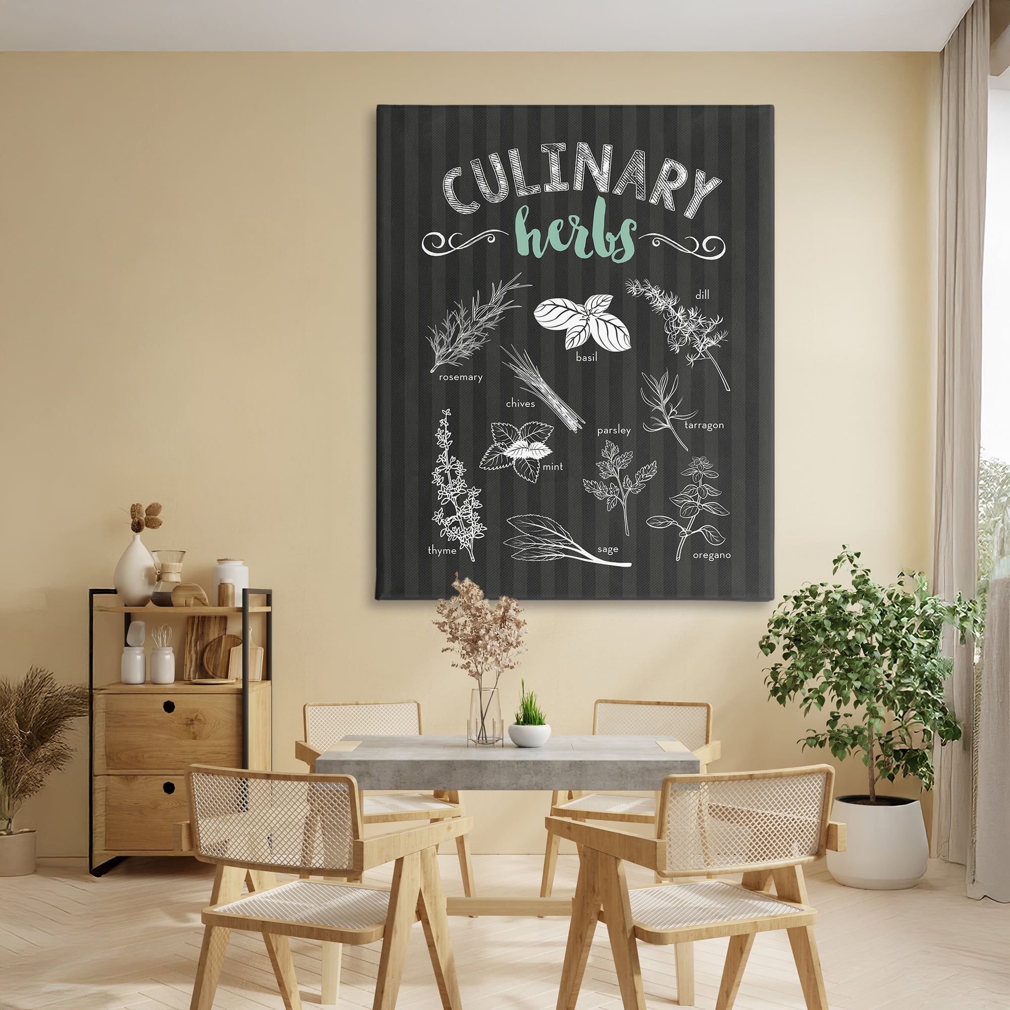 Culinary Herbs on Stripes Canvas Wall Art, design by Lettered and Lined