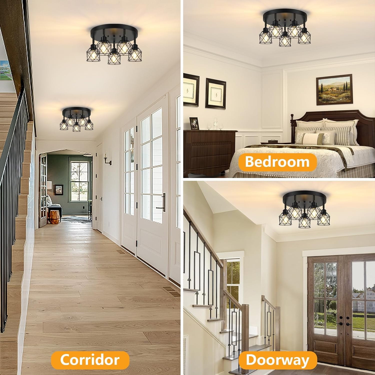 5-Light Adjustable Kitchen Light Fixtures Multi-Directional Black Ceiling Light Fixtures Semi Flush Mount Ceiling Light Vintage Metal Cage Spotlight Fixture for Hallway Dining Room Entryway