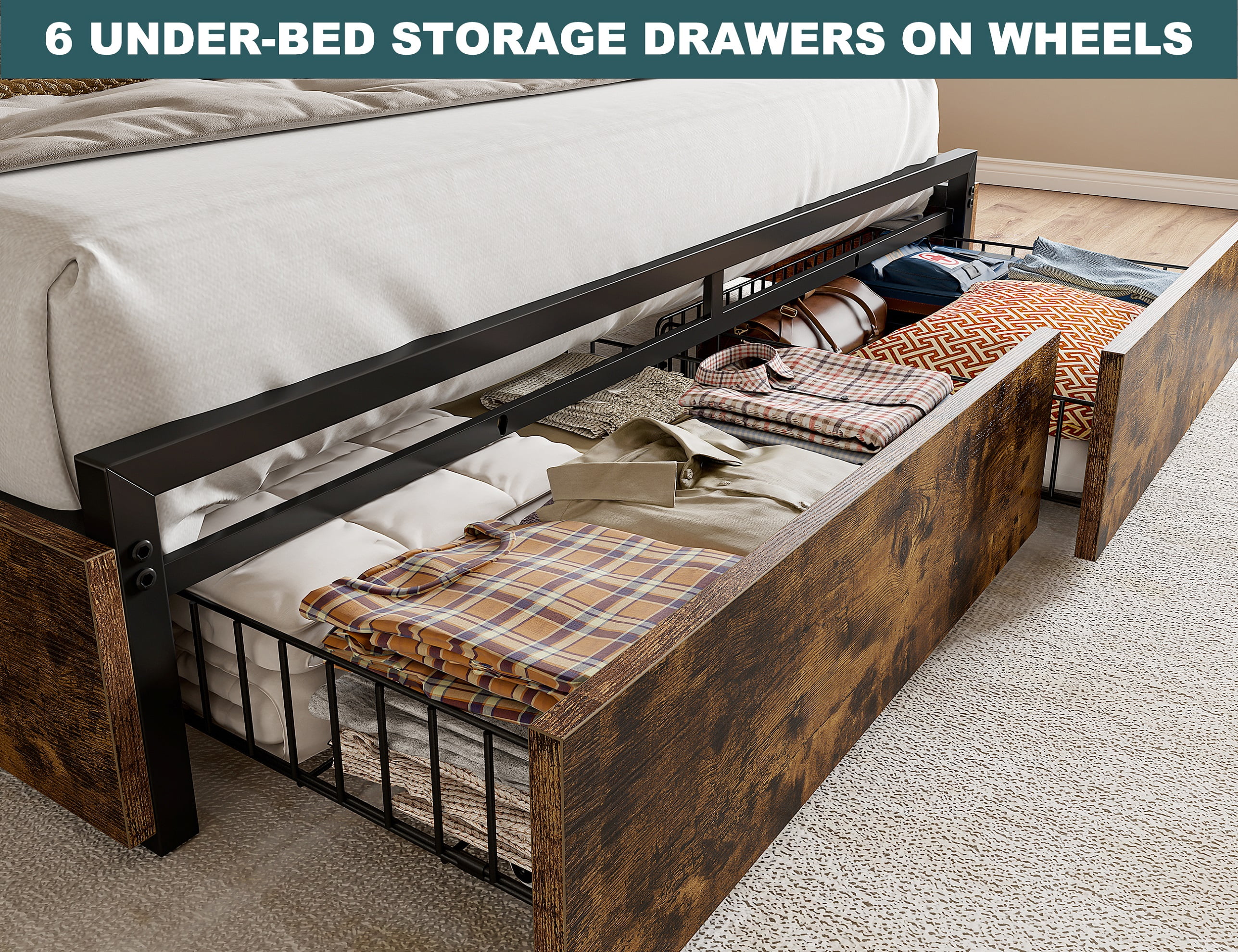 EnHomee Queen Bed Frame with 6 Storage Drawers Queen Bed Frame with Headboard & Charging Station No Noise,Vintage Brown
