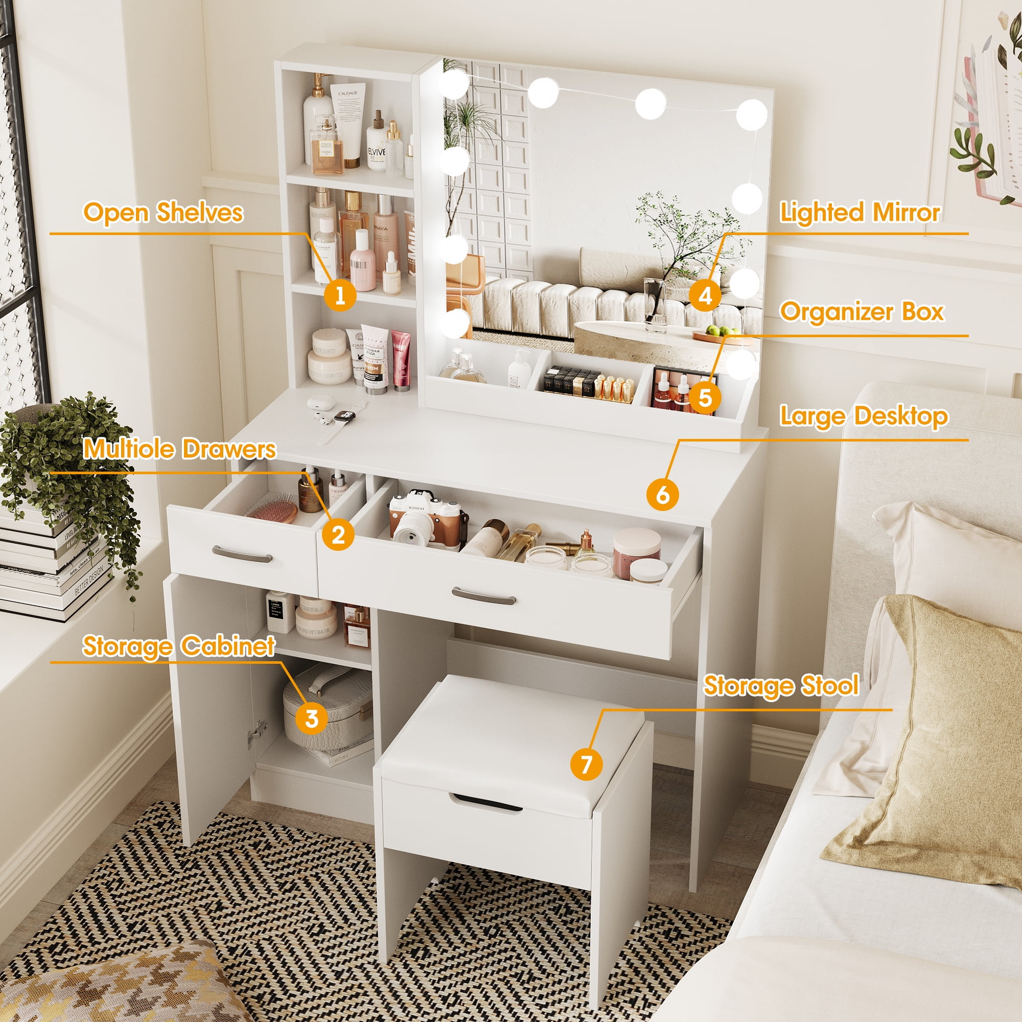 VEANERWOOD Vanity Desk Set with 3 Color Lighted Mirror, Makeup Table with Comfortable Cushioned Stool, Dressing Table Set with 3 Storage Compartments & Large Drawers, White