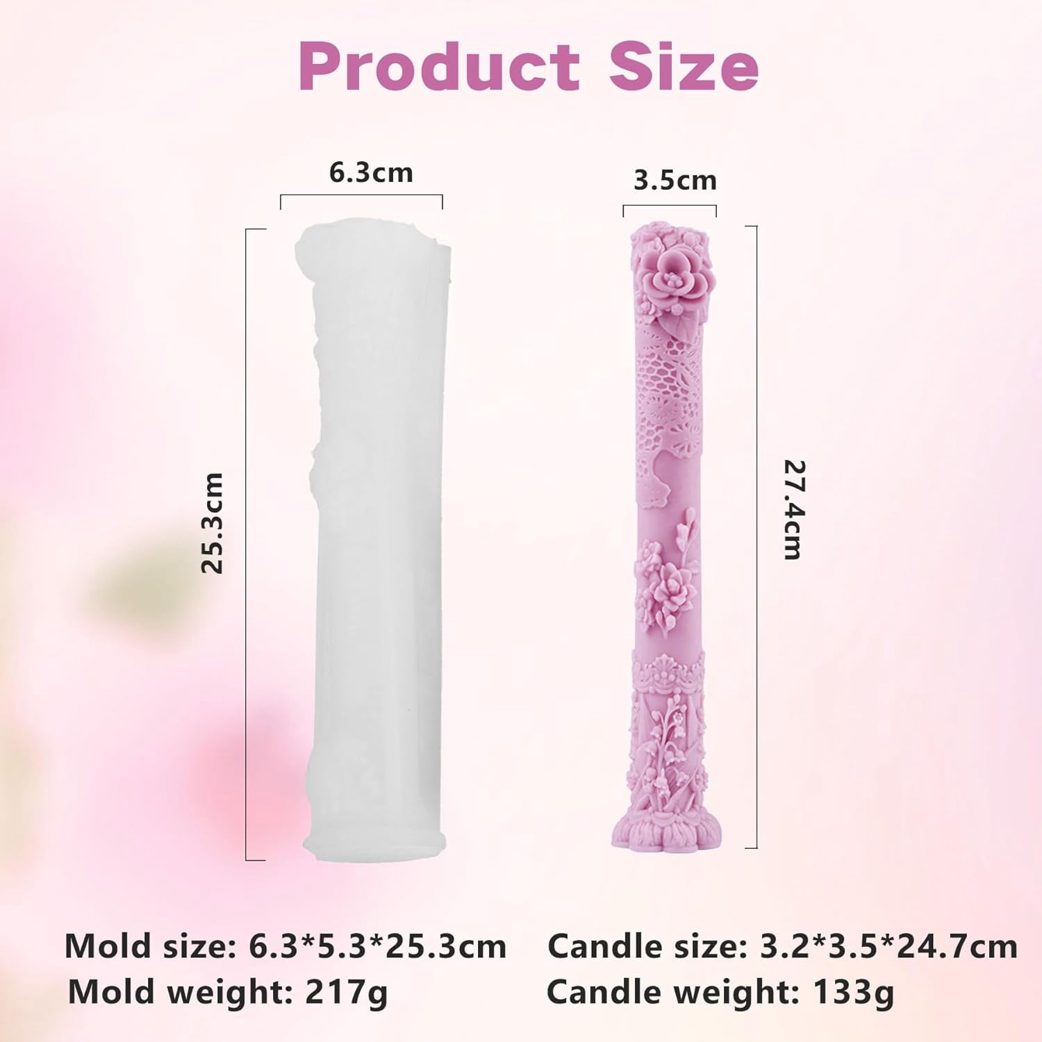 ABCISI Vintage Long Pillar Candle Mold, Intricate Floral Design, Silicone Mold for DIY Candle Making & Handmade Soap, DIY Wax Plaster Clay Craft Silicone Mold for Home Decorations Gift