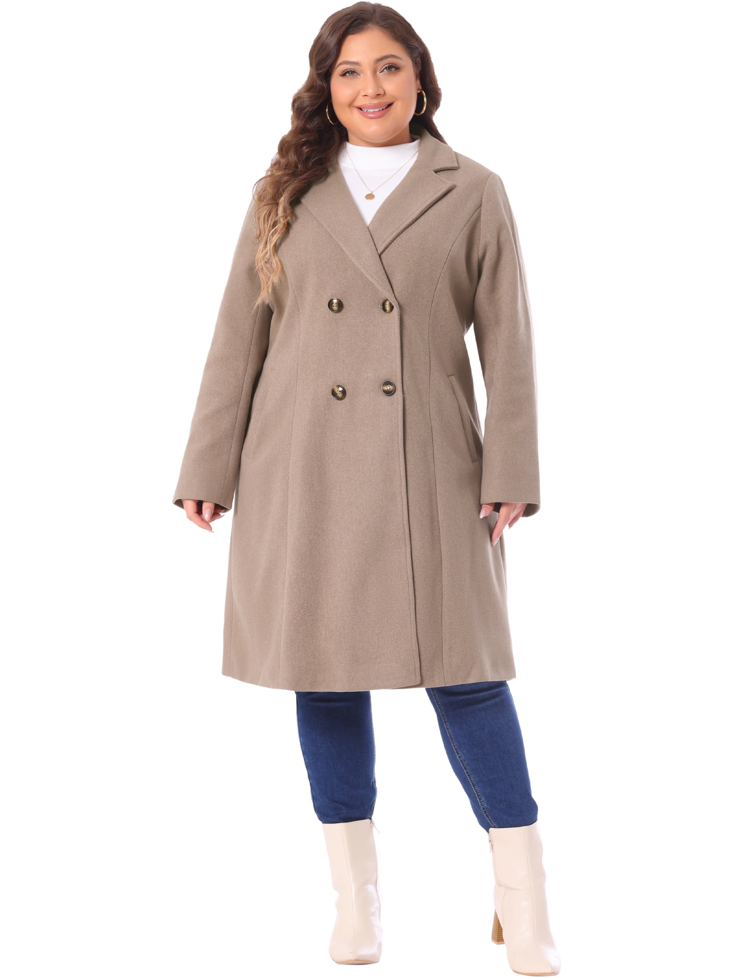 DARING DIVA Women's Plus Size Notched Lapel Warm Double Breasted Coat 4X Light Brown