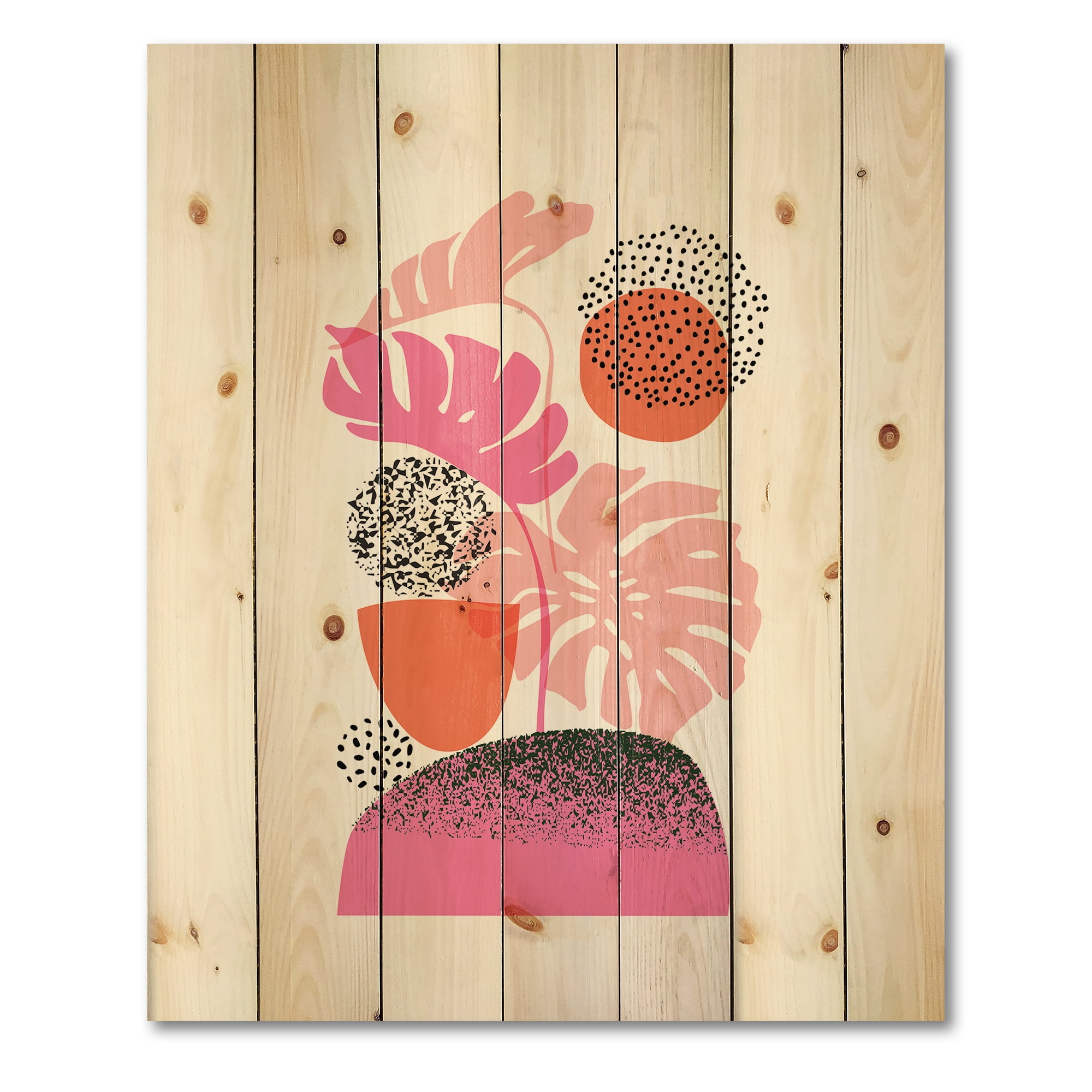 Designart 'Geometric Sun and Moon Shapes With Tropical Leaves' Modern Print on Natural Pine Wood