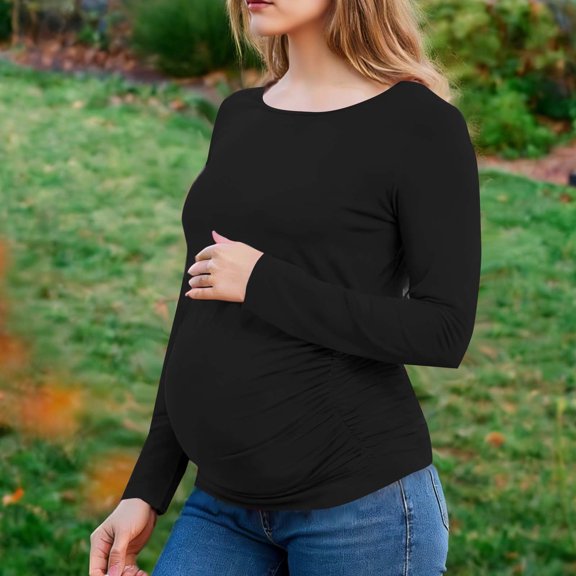 KIHOUT Maternity Clothes for Women Ladies Fashion Solid Color Long Sleeve Pregnant Ladies Casual Crew Neck Top