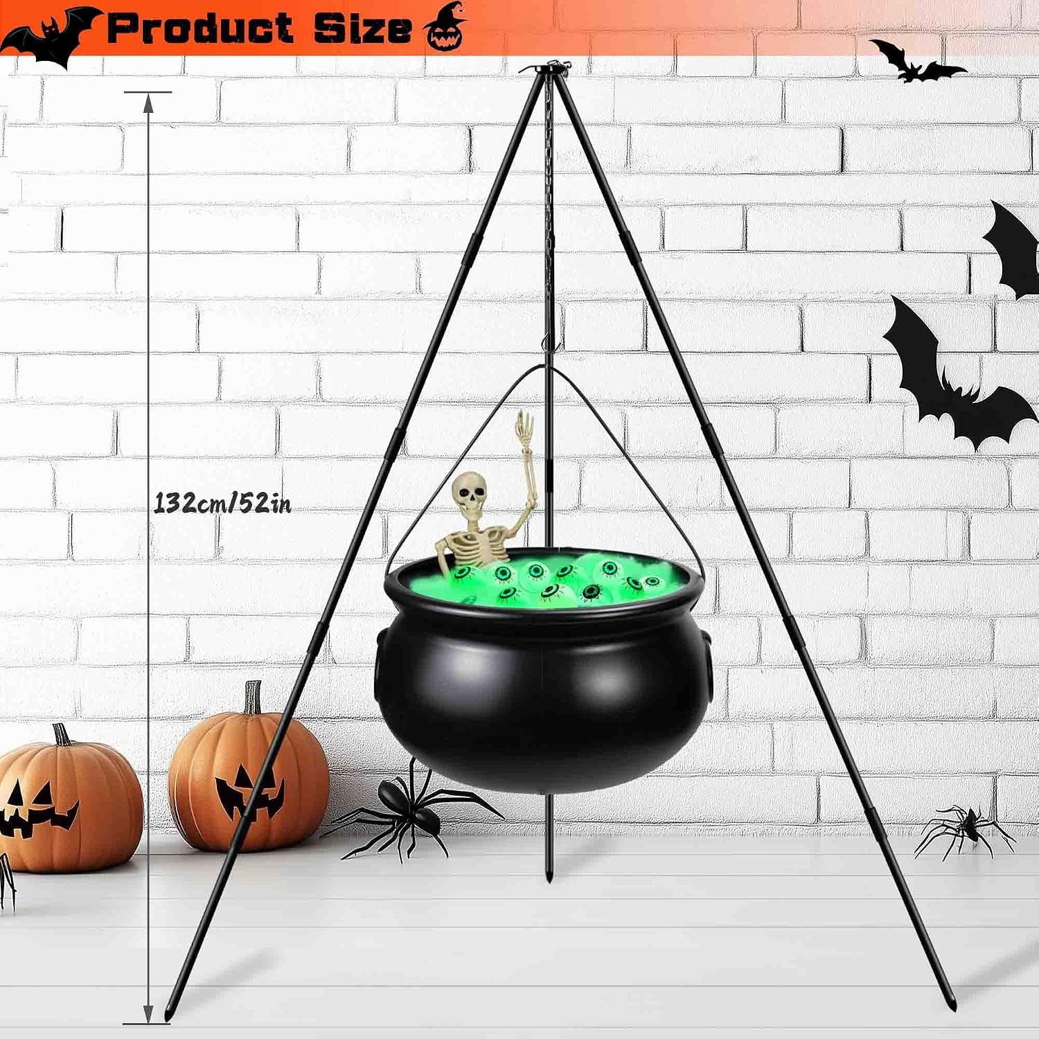 Halloween Witch Cauldron with Tripod, Lighted Eyeballs, Skeleton and Filling Cotton, Outdoor and Indoor Yard, Porch and Party Decoration