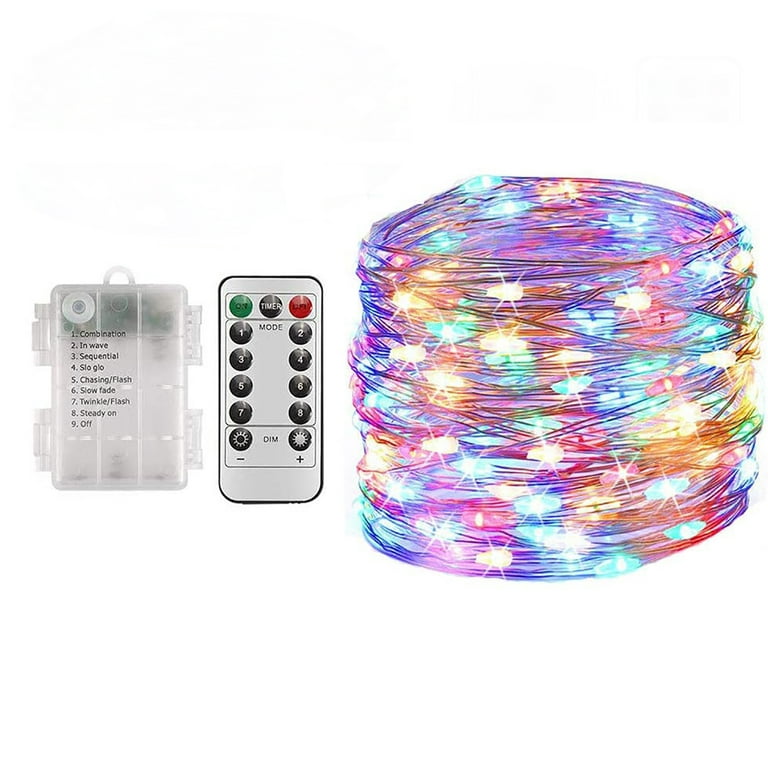 Weatherproof LED Fairy Lights with Remote Control - Battery Powered -  Silver Wire - 32ft